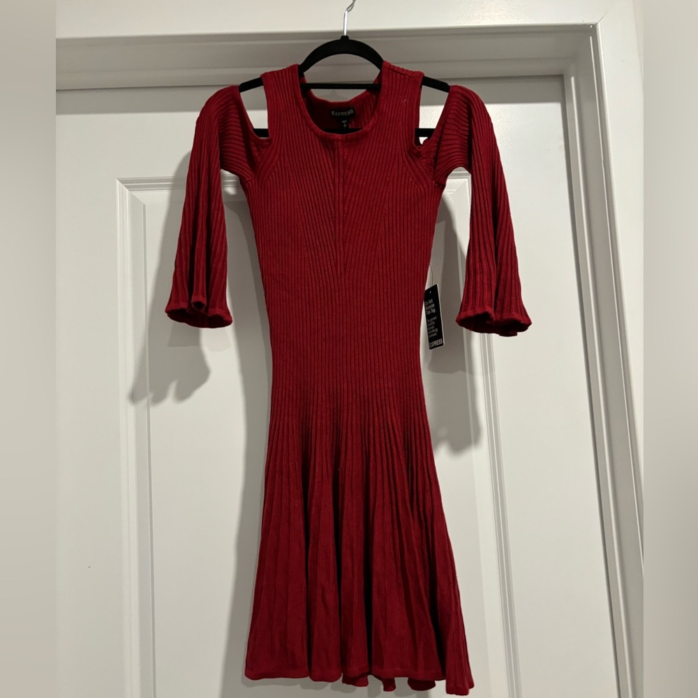 Express Ribbed Long Sleeve Sweater Dress - burnt red - S